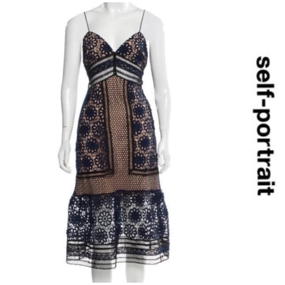 Self-Portrait Navy and Black Midi Dress